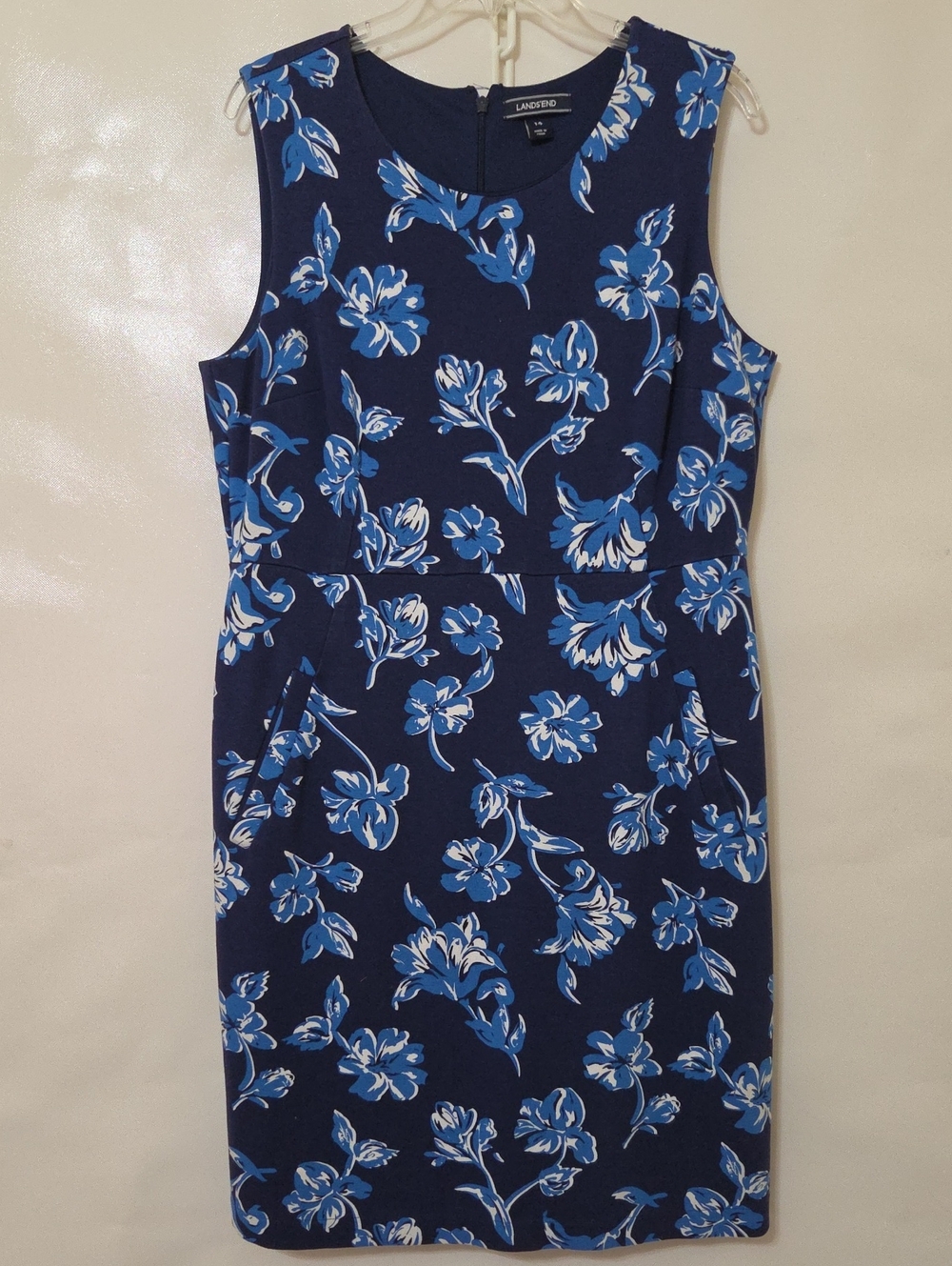Lands' End Navy and Blue Floral Sleeveless Ponte Knit Sheath Dress - Size 14